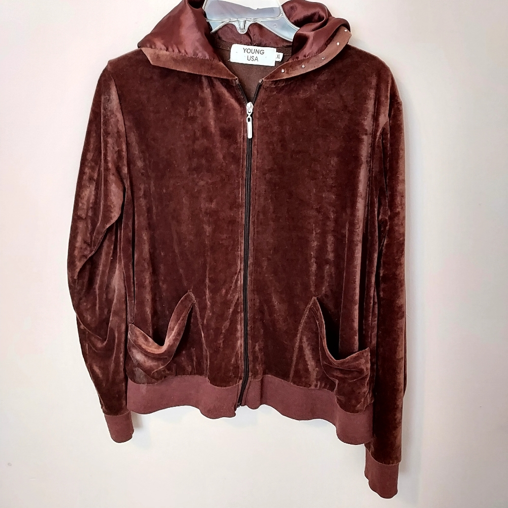 Young USA Brown Soft Comfy Velour Hooded Jacket with pockets XL Y2K